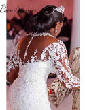 Cystal Beading Long sleeves Vintage Lace Mermaid Wedding Dresses 2021 High Neck Appliques White Wedding Dress W0604