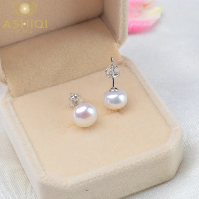 ASHIQI Natural Freshwater Pearl Stud Earrings 2021 Trendy for Women Real 925 Sterling Silver Jewelry Gift Wholesale