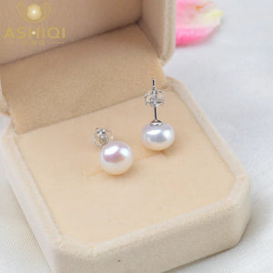 ASHIQI Natural Freshwater Pearl Stud Earrings 2021 Trendy for Women Real 925 Sterling Silver Jewelry Gift Wholesale