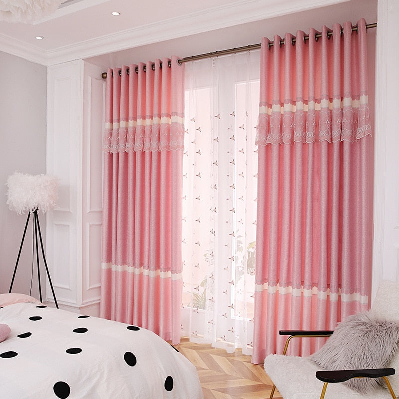 Modern Pink Girl Cotton and Hemp Stitching Shading Curtains for Living Dining Room Bedroom French Window Tulle Curtains