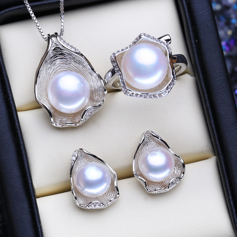 FENASY 925 Sterling Silver Pendant Necklace Natural Pearl Jewelry Sets For Women Classic Stud Earrings Fashion Party Rings