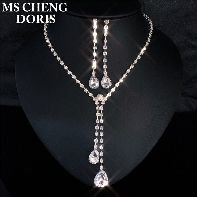 Water Drop Rhinestone Long Pendant Full Crystal Silver Plated Necklace & Earrings Elegant Bridal Wedding Jewelry Set