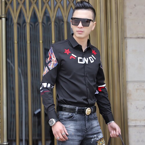 Men Shirts 2020 New Slim Fit Long Sleeve Casual Shirt Letter Printed Camisa Masculina Streetwear Nightclub Clothes Chemise Homme