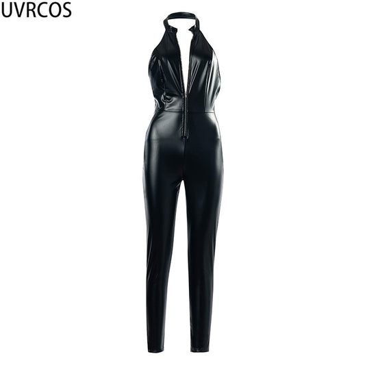 UVRCOS Jumpsuit Women Leather Black Halter Deep V-Neck Hest Zipper Sexy Street Style Combinaison Femme New Summer 2021 Overalls