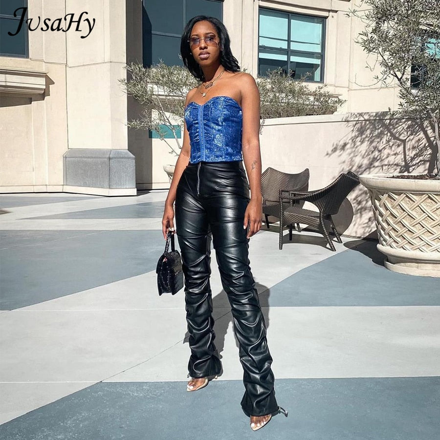 JusaHy Faux PU Leather Pleated High Waist Black Stacked Pant Women Slim Hipster Street Style Long Trousers Hot Sale Trend Female