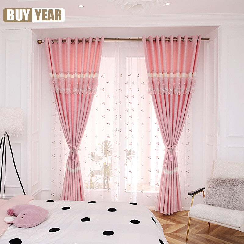 Modern Pink Girl Cotton and Hemp Stitching Shading Curtains for Living Dining Room Bedroom French Window Tulle Curtains