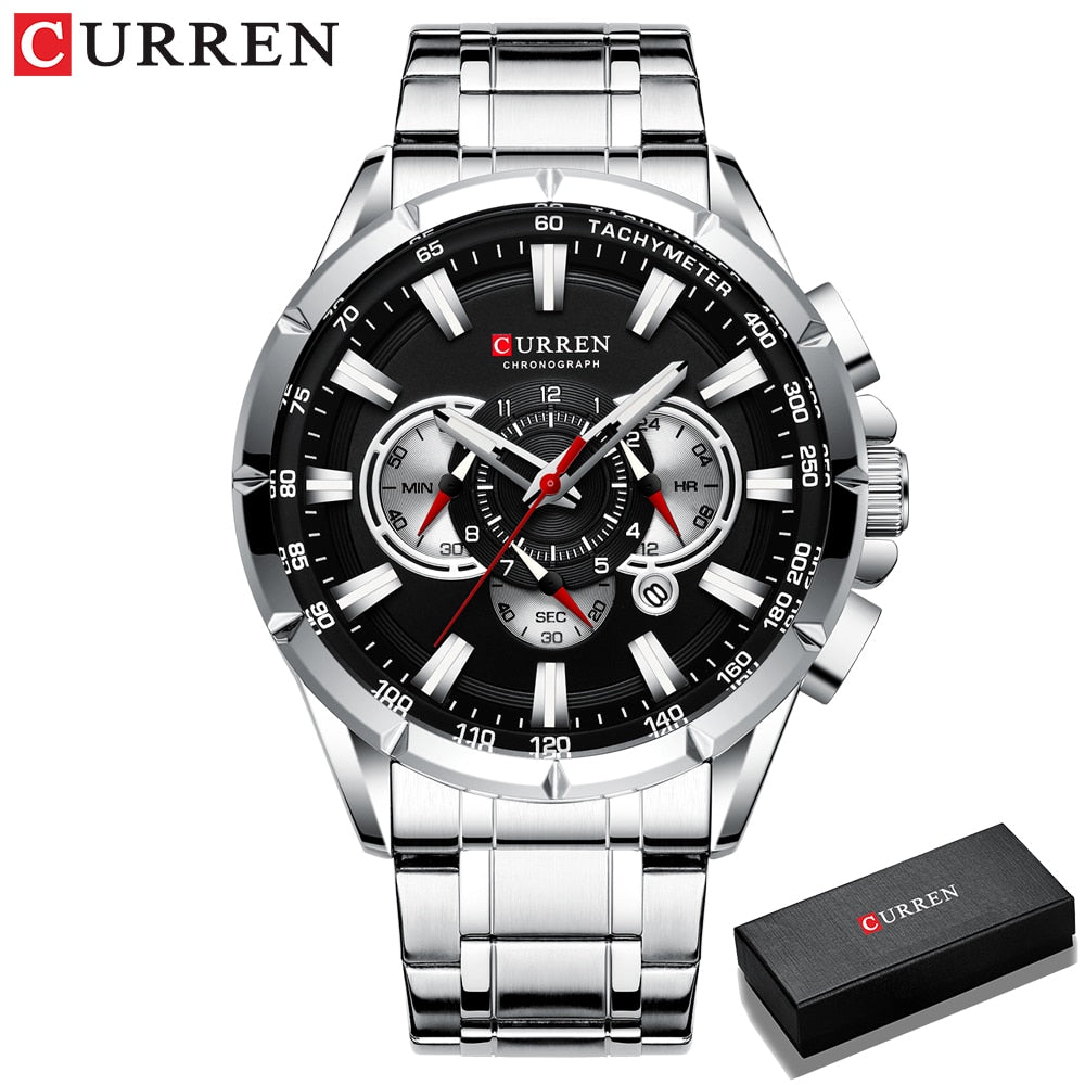 CURREN Luxury Casual Mens Watches Quartz Sports Chronograph Wristwatch Male Stainless Steel Luminous hands Clock