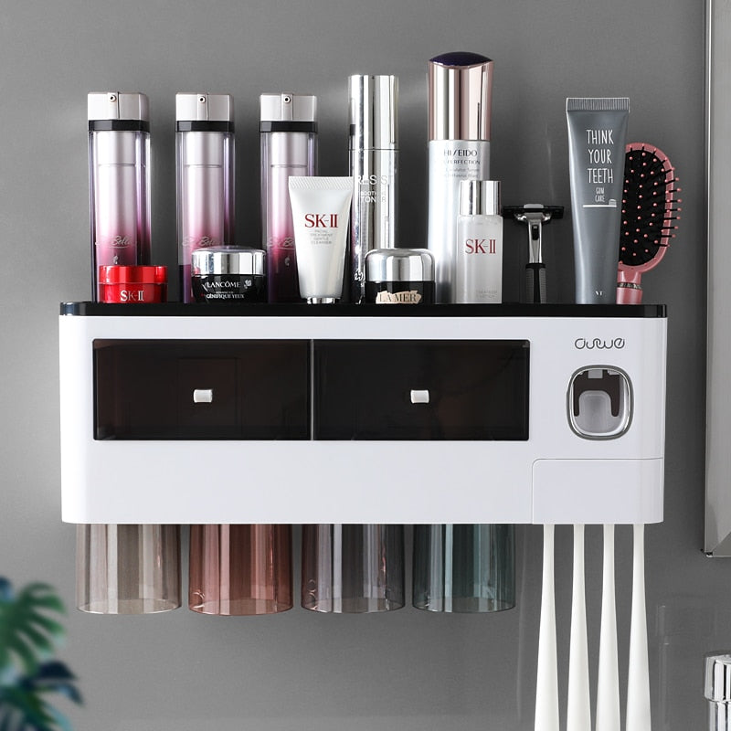 Bathroom Accessories Set Magnetic Adsorption Inverted Toothbrush Holder Automatic Toothpaste Dispenser Squeezer Storage Rack