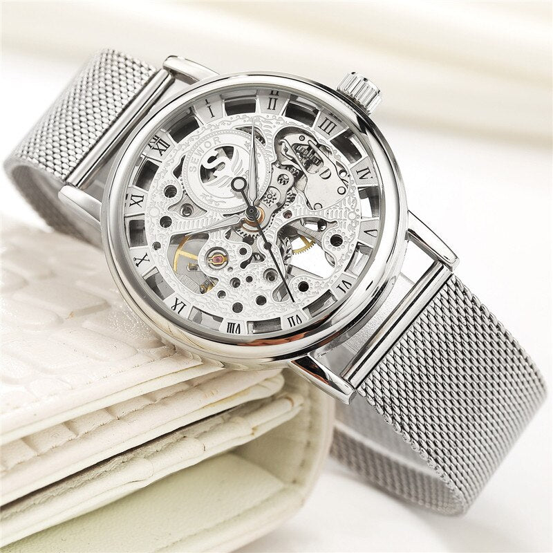 SEWOR Watch Men Skeleton Watches Stainless Steel Mesh Strap Mechanical Hand Wind Wristwatches Luxury Business Gold Watches Men