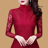 Women Spring Autumn Style Slim Lace Blouses Shirts Lady Casual Long Sleeve Turtleneck Flower Printed Lace Blusas Tops DD8199