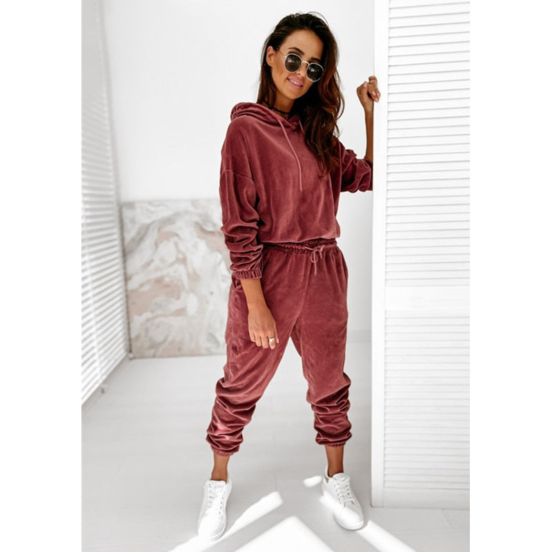 Velour Two Piece Sets Women Tracksuit Velvet Pant Sets Woman  Solid Top and Pants Suit Fashion Streewear Conjuntos De Mujer 2021