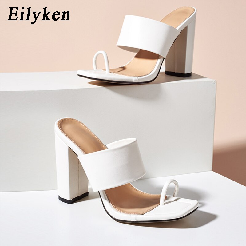 Eilyken 2021 Summer Womens Slides High Heels Fashion Design Cozy Clip toe Mules Slippers Square Head Ladies Outdoor Slip on Shoe