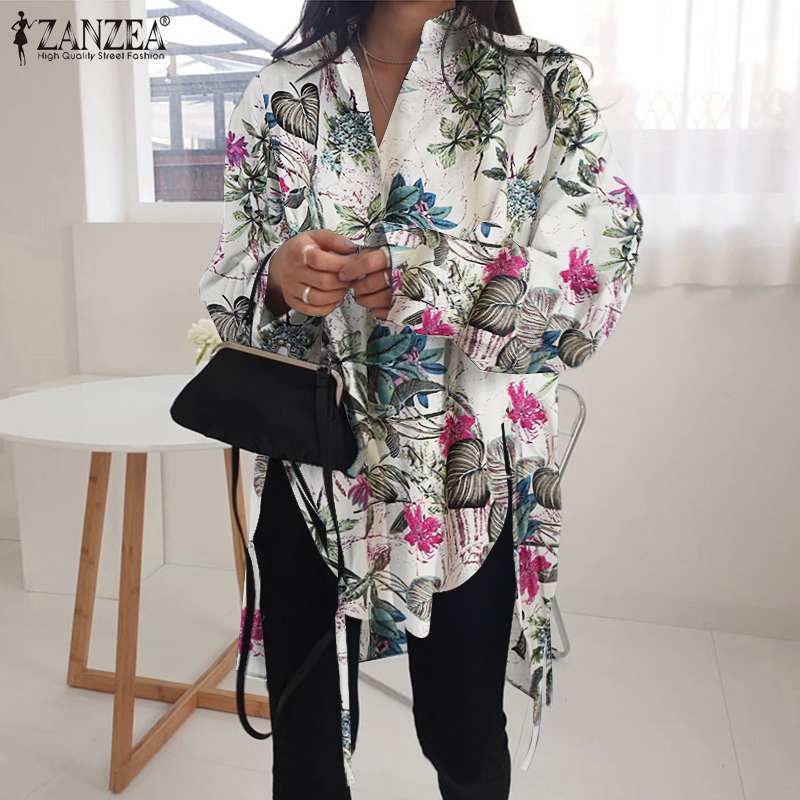 Stylish Solid Shirts Women's Asymmetrical Blouse 2021 ZANZEA Casual Lace Up Blusas Female Button Lapel Shirt Oversized Tunic 5XL