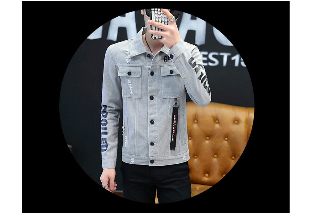 DIMUSI Men's Denim Jackets Fashion Male Nightclub Hip Hop Denim Coats Men Ripped Slim Outwear Cowboy Jean Jackets Clothing