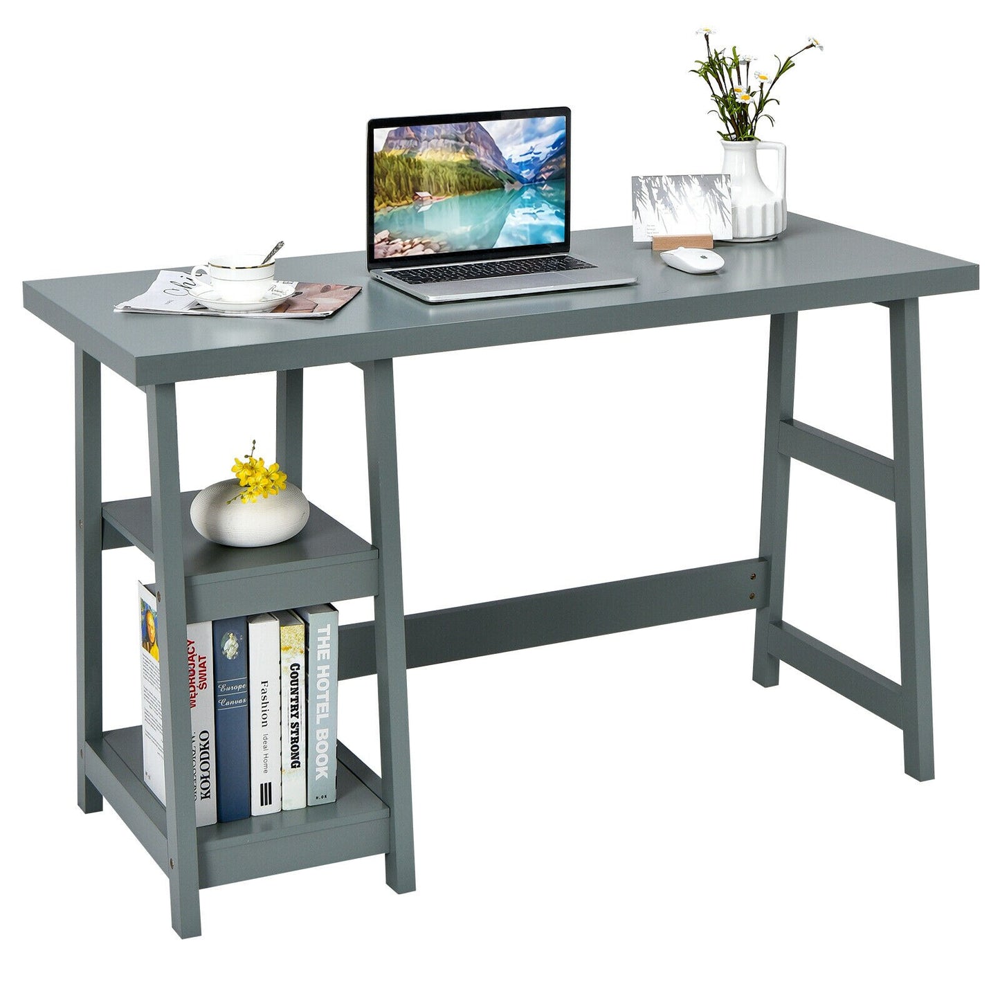 Costway Trestle Computer Desk Indoor Office Workstation w/Removable Shelf HW63370