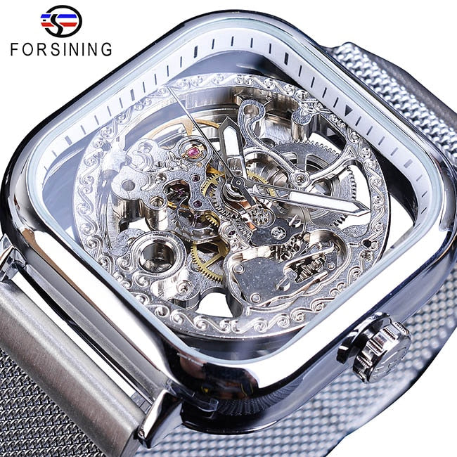 Forsining Golden Men Automatic Watch Square Skeleton Mesh Steel Band Mechanical Business Clock Relogio Masculino Erkek Kol Saati