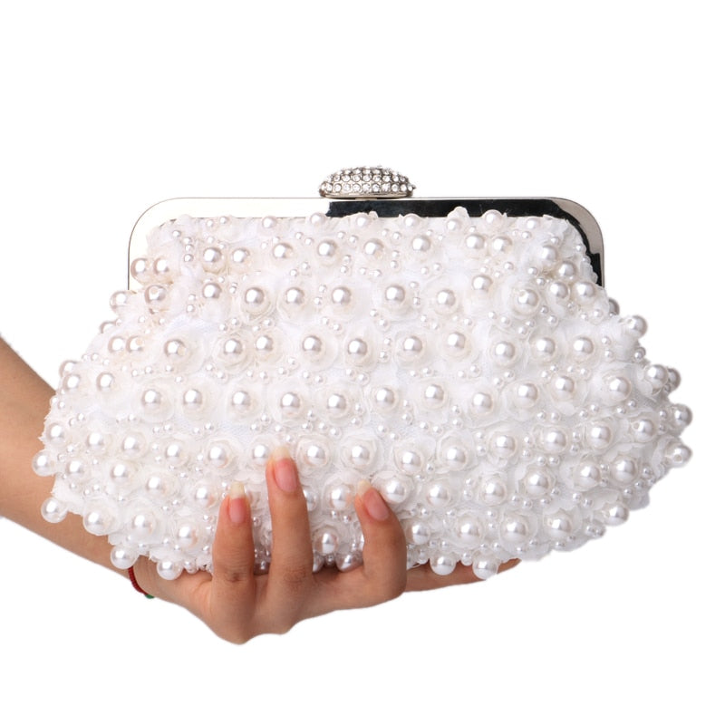 Beaded Women Clutch Party Wedding Chain Shoulder Handbags Diamonds Metal Rose Vintage Evening Bags