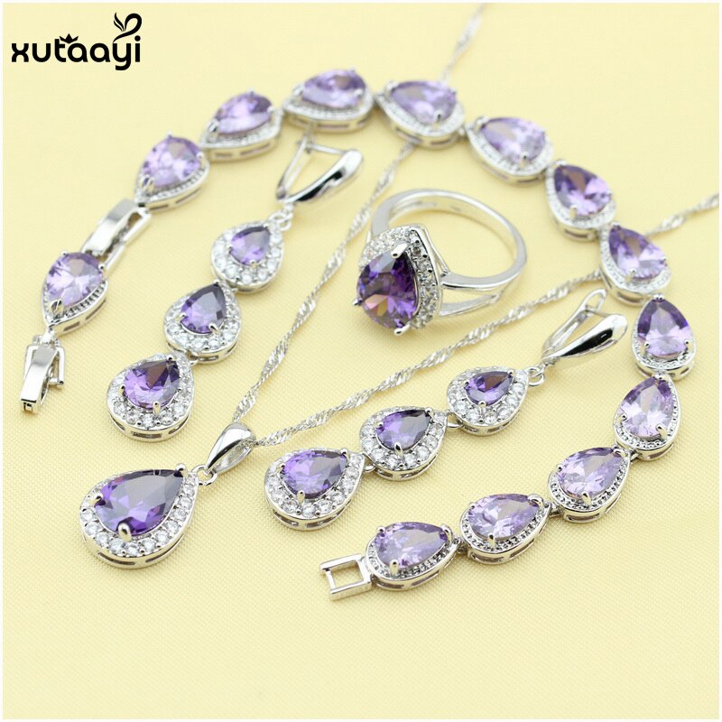 XUTAAYI Top Quality Silver Jewelry Sets Blue Created Sapphired Flawless Necklace/Rings/Earrings/Bracelet For women