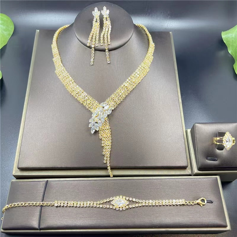 Silver Color Rhinestone Crystal Bridal Jewelry Set Earrings Necklace Wedding Geometric Elegant Romantic Bridesmaid Jewelry Sets