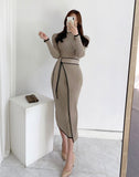 Woman Dress With Belt Vintage Patchwork Slim Knitted Midi Dresses Women Autumn Winter Elegant Sweater Knit Dress 2021 Vestidos