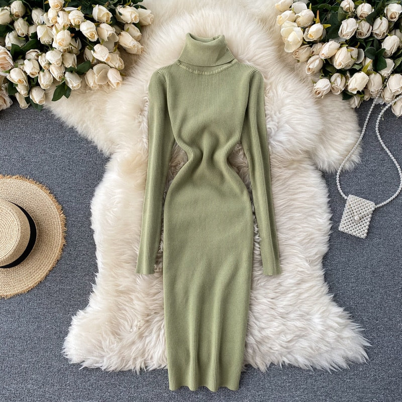 Dresses for Women 2022 Sexy Turtleneck Knitted Bodycon Dress Women Autumn Winter Long Sleeve Sweater Dress