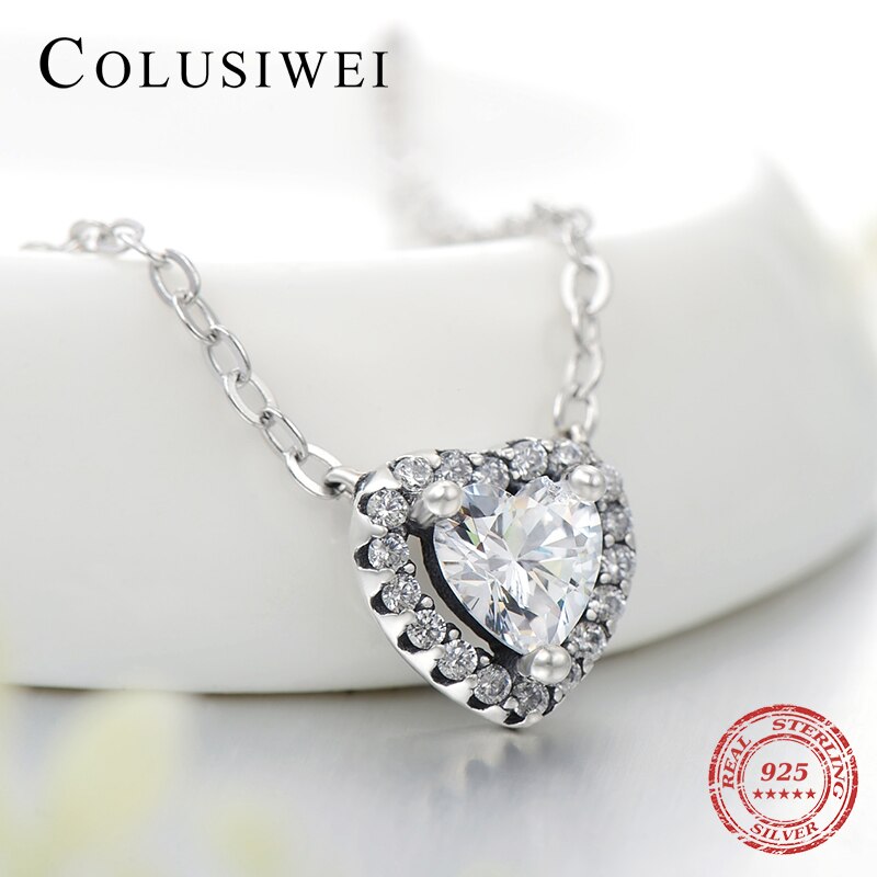 Colusiwei Valentine Day Gift Real 925 Sterling Silver Sparkling Heart Pendant Necklace for Women Wedding Engagement Jewelry