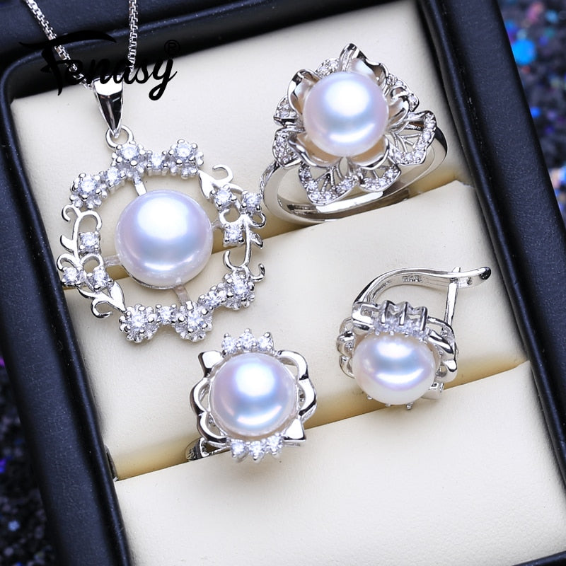 FENASY 925 Sterling Silver Pendant Necklace Natural Pearl Jewelry Sets For Women Classic Stud Earrings Fashion Party Rings