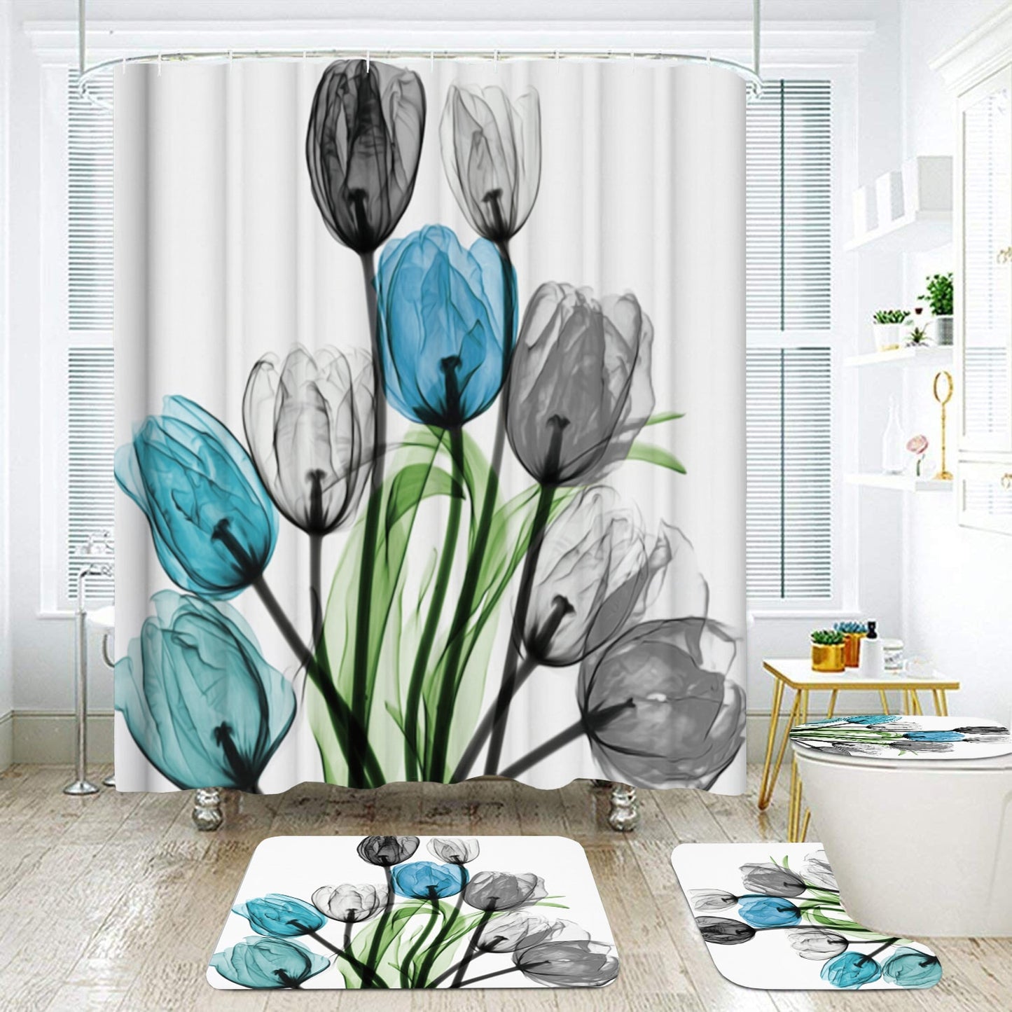 Colorful Tulip Lotus Flowers Trees Shower Curtain Sets Non-Slip Rugs Toilet Lid Cover and Bath Mat Waterproof Bathroom Curtains