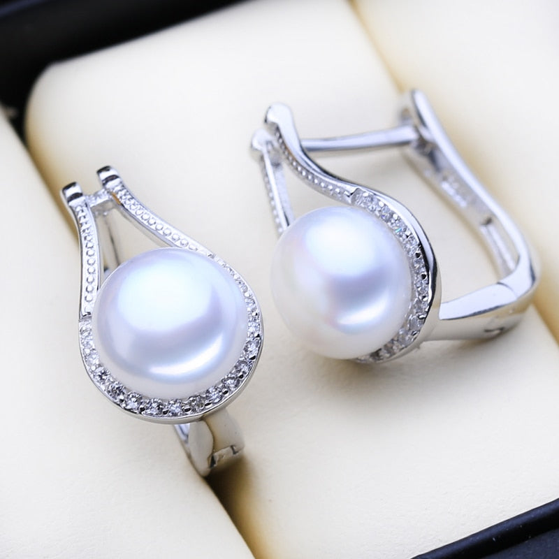 FENASY 925 Sterling Silver Pendant Necklace Natural Pearl Jewelry Sets For Women Classic Stud Earrings Fashion Party Rings