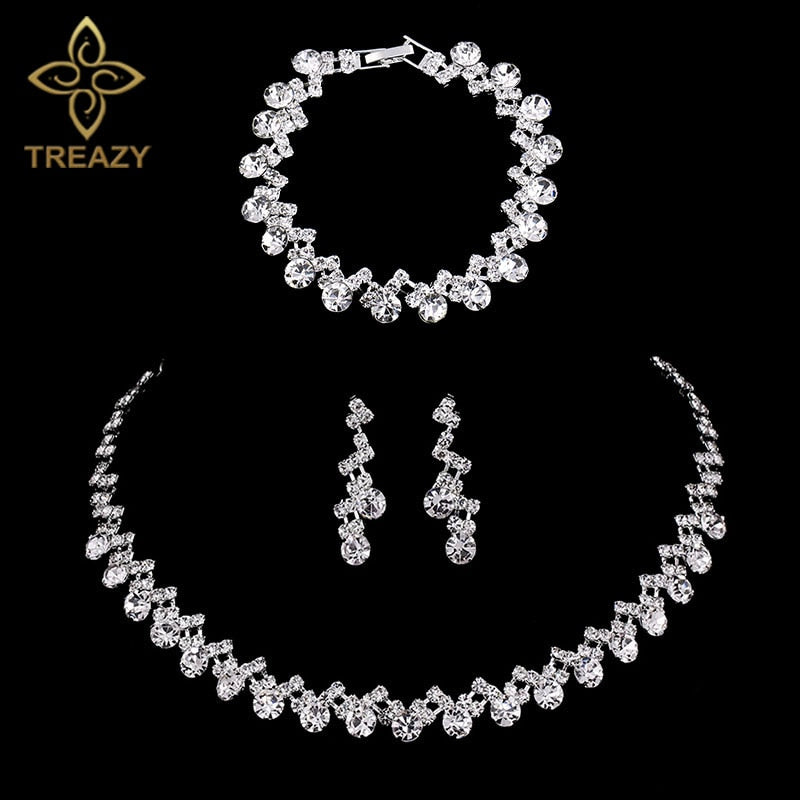 TREAZY Silver Color Rhinestone Crystal Bridal Jewelry Sets for Women Necklace Earrings Bracelet Set Wedding Jewelry Accessories