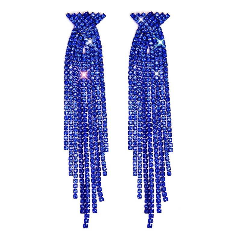 2022 New Trendy Crystal Long Tassel Earrings Blue Rhinestone Waterdrop Dangle Drop Earrings Eardrop For Women Jewelry Gift