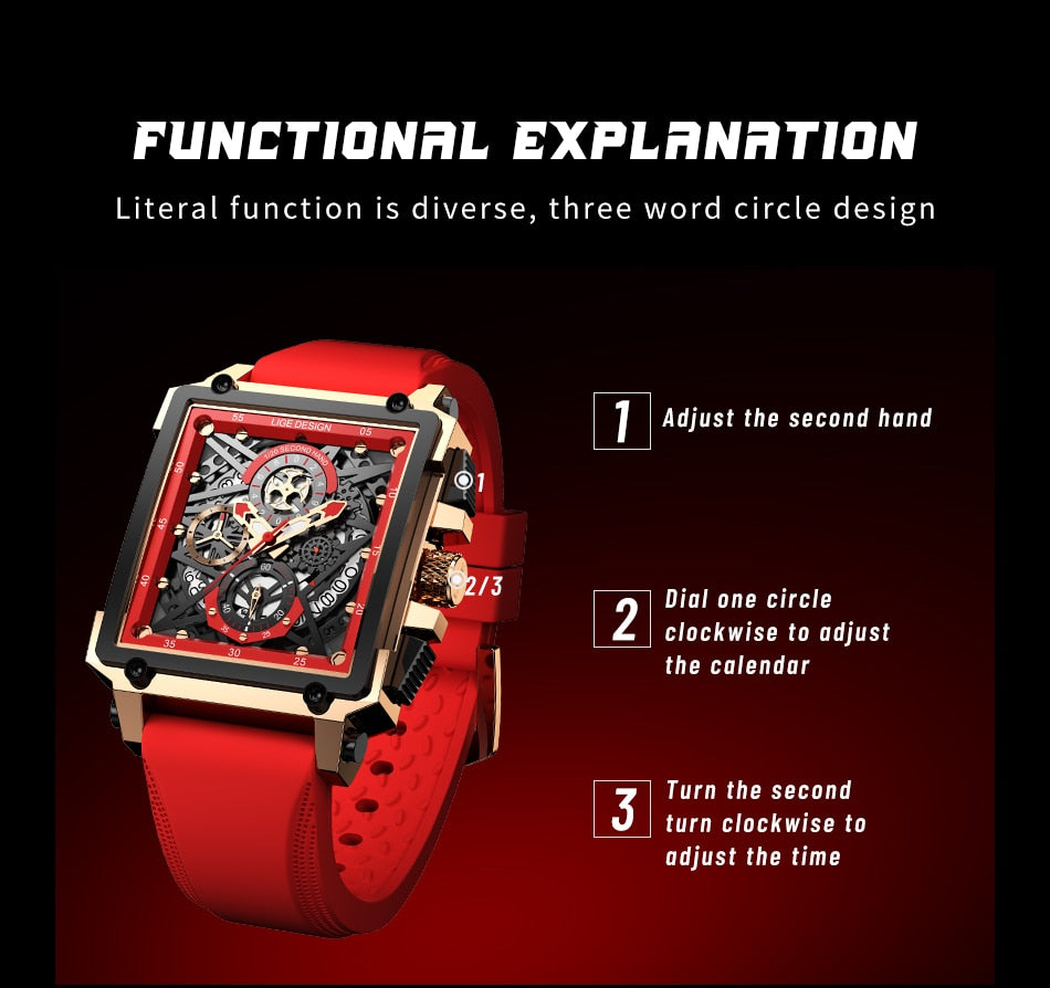 2022 New LIGE Men Watches Top Brand Luxury Hollow Square Sport Watch For Men Fashion Silicone Strap Waterproof Quartz WristWatch