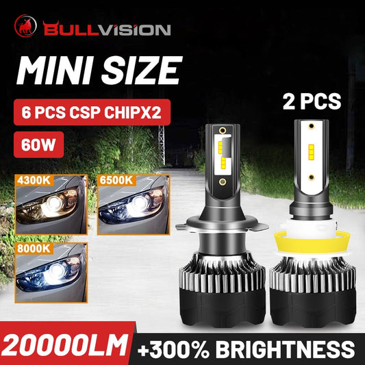 BULLVISION H11 H4 H7 Led 12V Hb3 Hb4 Headlights Lamps 20000Lm H1 H8 H9 9005 9006 Led Car Light Bulbs Turbo Csp 6500K 4300K 8000K