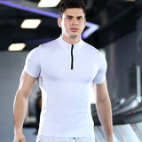 2020 New Training T Shirt Mens Compression Tshirt Cycling Jersey Men Short Sleeve T Shirts Men Gym Clothing Zipper Stand Neck