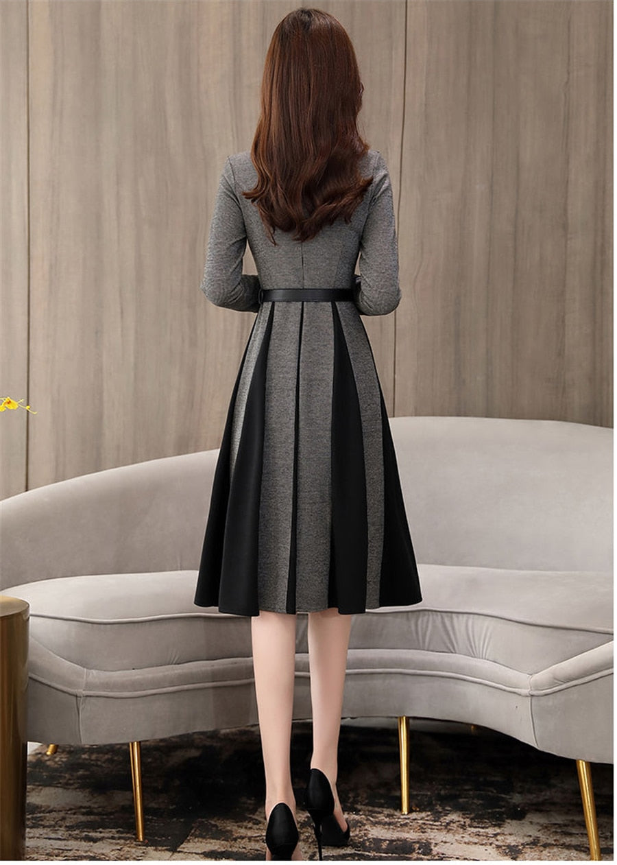 Casual Little Plaid Spliced Hem Pleated A-Line Dresses Women Fall Vintage Belted Long Sleeve Dress Elegant Knee-Length Vestidos