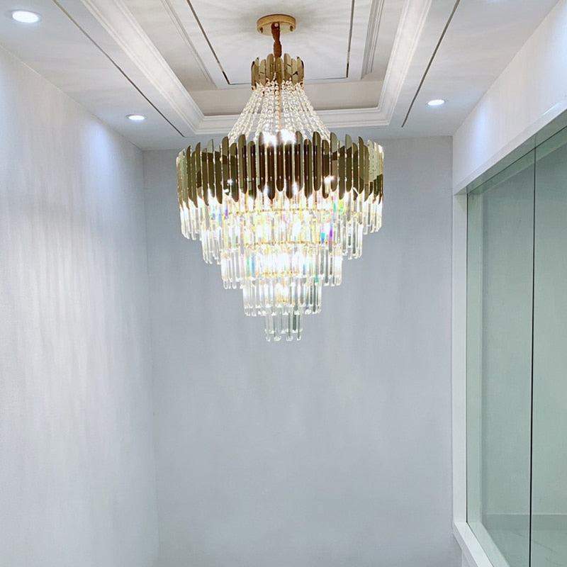 Crystal chandelier in the living room of duplex villa, spiral staircase chandelier, modern luxury living room chandelier