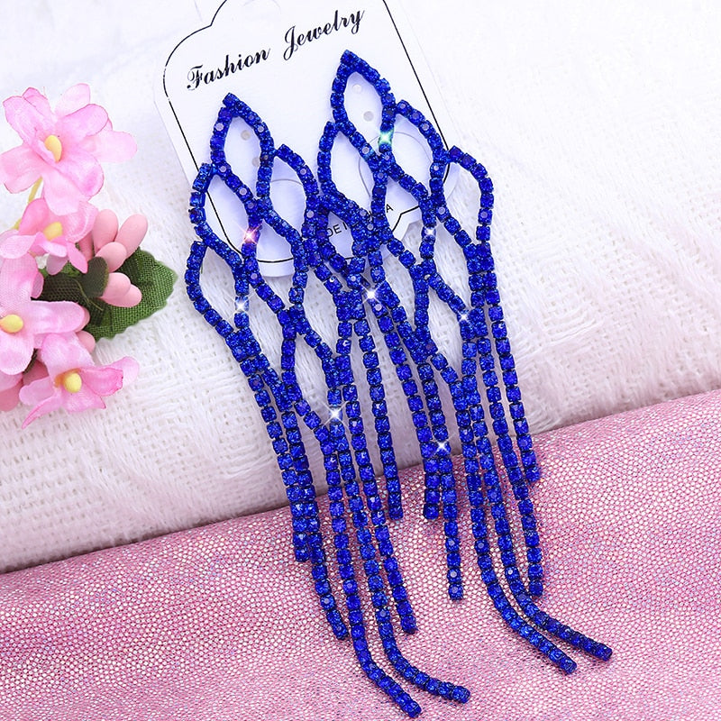 2022 New Trendy Crystal Long Tassel Earrings Blue Rhinestone Waterdrop Dangle Drop Earrings Eardrop For Women Jewelry Gift