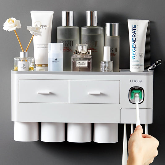 Magnetic Adsorption Inverted Toothbrush Holder Automatic Toothpaste Dispenser With Cup Toothpaste Bathroom Accessories Set