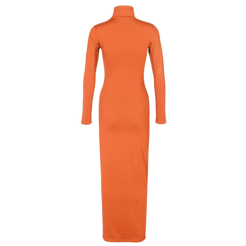 Turtleneck Long Dress Autumn Winter Muslim Elegant Office Lady Skinny Long Sleeve Bodycon Casual Dress Women Midi Clubwear