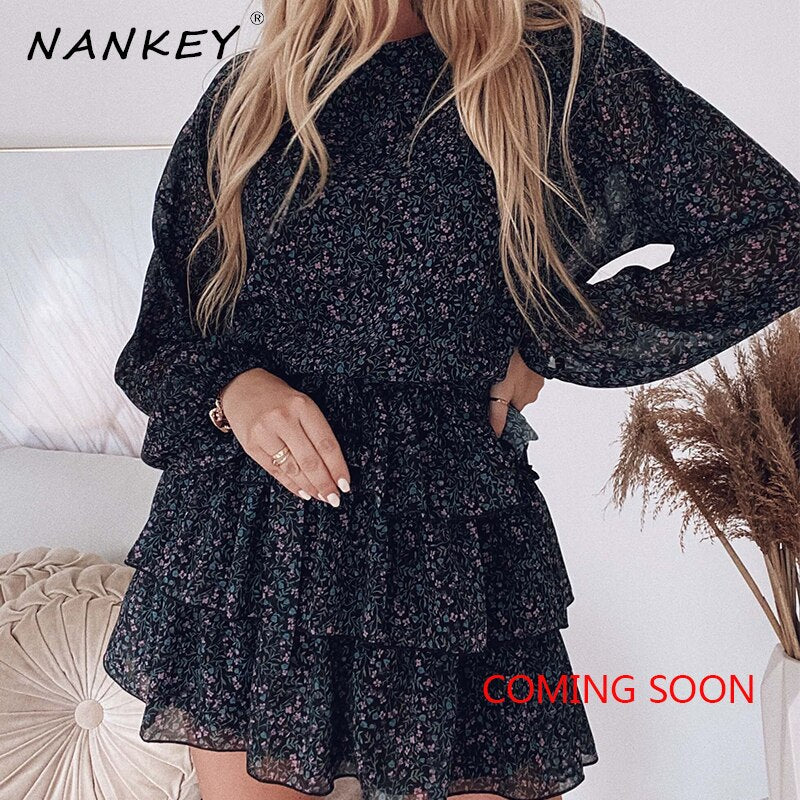 NANKEY Women Floral Print Dress Elegant Lantern Sleeve Casual Ruffles Dress Office Lady Purple Black Dress Mini Party Vestidos