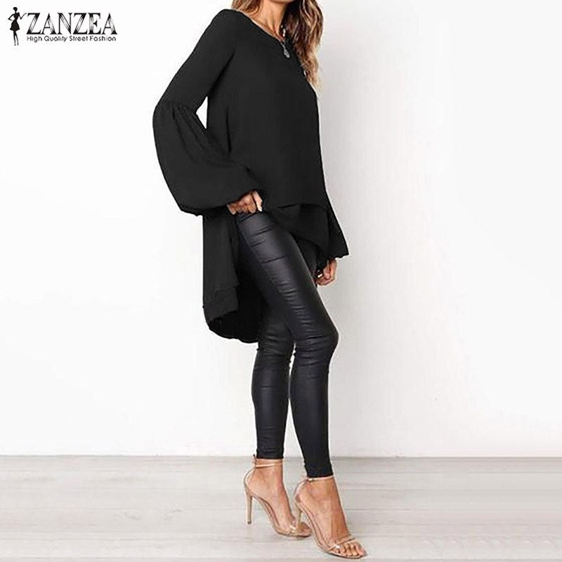 Women Blouse ZANZEA Autumn Crew Neck Lantern SleeveShirt Casual Solid Blusas Femininas Long Tops Tunic Asymmetrical Hem Blouses