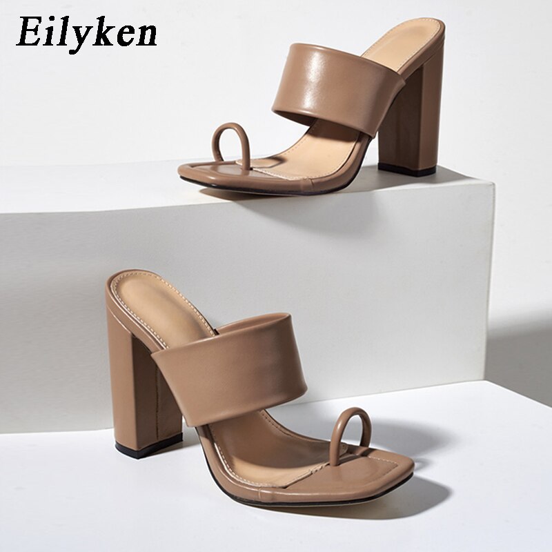 Eilyken 2021 Summer Womens Slides High Heels Fashion Design Cozy Clip toe Mules Slippers Square Head Ladies Outdoor Slip on Shoe