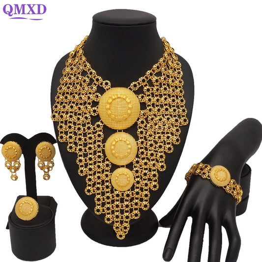 Fashion Gold Color Jewelry Sets African Bridal Big Jewelry sets Women Necklace Bracelet Earings Ring Wedding Gifts