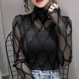 Lace, Ladies Sexy Basic Shirt, New Style For Autumn And Winter, All-match, High Neck And Long Sleeves, Fashionable Inside, Top