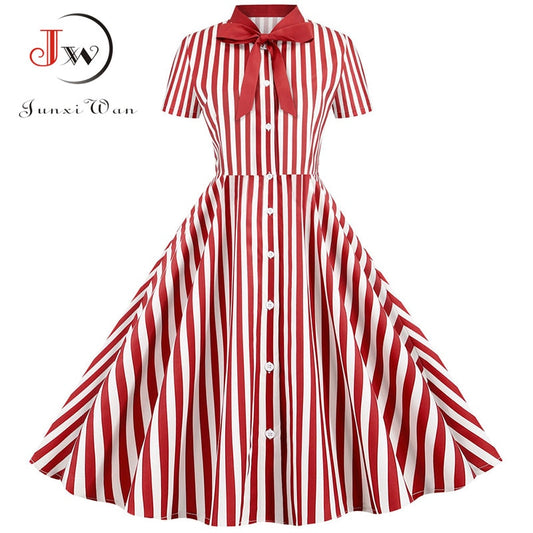 Summer Dress 2021 Women Elegant Vintage Short Sleeve Striped Print Bow Swing Party Office Pin up Dresses Casual Midi Plus Size