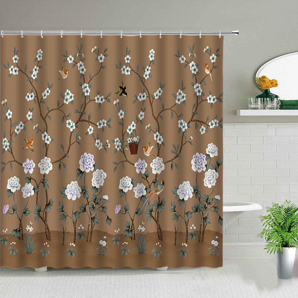 Chinese Style Flower Birds Shower Curtains Waterproof Bathroom Curtain Polyester Fabric Home Bathtub Decor Wal Hanging Curtain