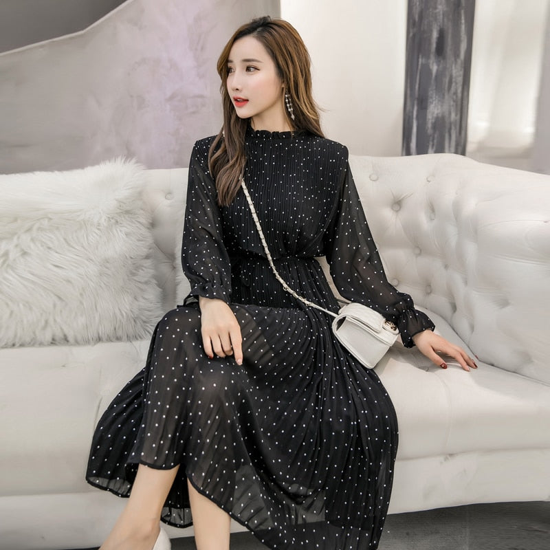 Black Vintage ClotheS Spring Lady Long Chiffon Dress 2021 New Korean Fashion Women Long Sleeved Polka Dot Pleated Dress 3670 50