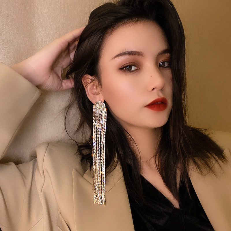 FYUAN Long Tassel Full Rhinestone Drop Earrings for Women Ovsize Crystal Dangle Earrings Fashion Jewelry Accessories