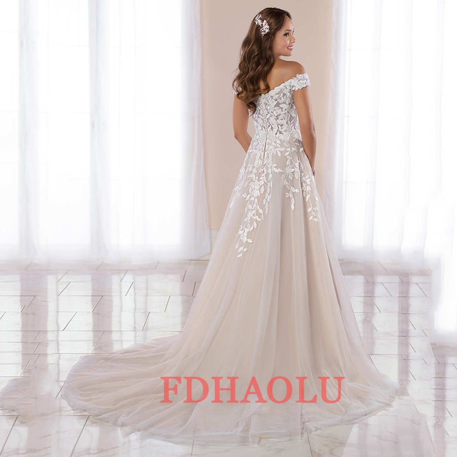 FDHAOLU FU06 Champagne Glitter A Line Wedding Dresses 2021 Lace Appliques Sparkling Bridal Gown Vestidos De Novia Bride Dresses