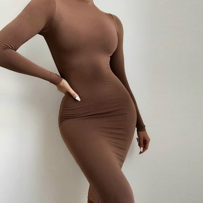 Turtleneck Long Dress Autumn Winter Muslim Elegant Office Lady Skinny Long Sleeve Bodycon Casual Dress Women Midi Clubwear